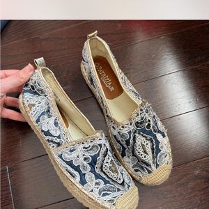 Patrizia Floral Lace Espadrilles - Navy and Cream